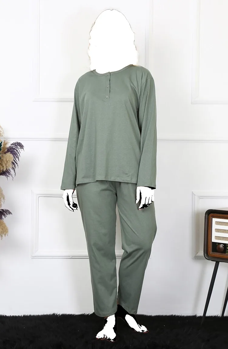 Akbeniz Damen 4Xl-5Xl-6Xl-7Xl-8Xl Große Größe Grünes Langarm-Pyjama-Set 75013 3997