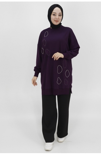 Score 2 Thread Fabric Stone And Embroidery Detailed Sweatshirt 10346-01 Purple 10346-01