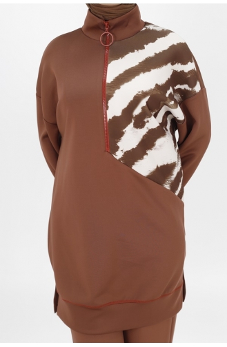Pointe Zipper Detailed Scuba Fabric Sweatshirt 10390-01 Brown 10390-01