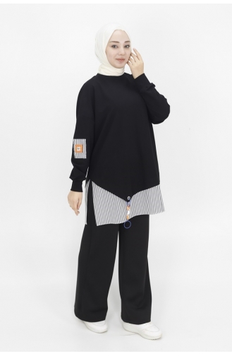 Spitzenhemd Mit Garnierung 2-fädiges Stoff-Sweatshirt 10392-03 Schwarz 10392-03