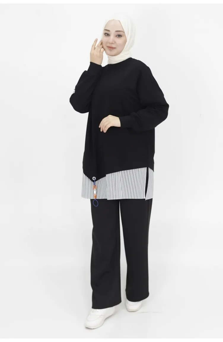 Spitzenhemd Mit Garnierung 2-fädiges Stoff-Sweatshirt 10392-03 Schwarz 10392-03