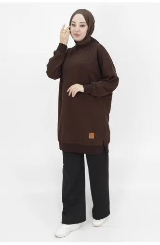 Puane İki İp Kumaş Basic Tunik Sweatshirt 30644-01 Kahverengi