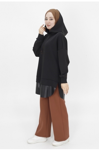 Noktae Scuba Fabric Leather Garnished Hooded Sweatshirt With Bird Print Detail 10366-01 Black 10366-01