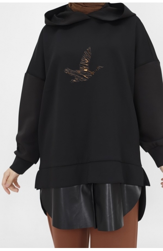 Noktae Scuba Fabric Leather Garnished Hooded Sweatshirt With Bird Print Detail 10366-01 Black 10366-01