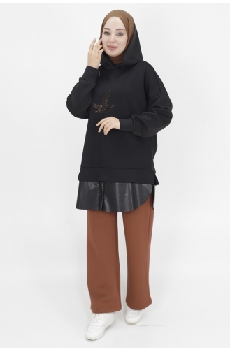 Noktae Scuba Fabric Leather Garnished Hooded Sweatshirt With Bird Print Detail 10366-01 Black 10366-01