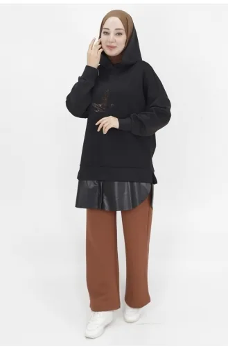 Noktae Scuba-stof Met Leer Versierd Sweatshirt Met Capuchon En Vogelprintdetail 10366-01 Zwart 10366-01