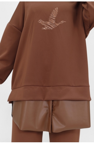 Noktae Scuba Fabric Leather Garnished Hooded Sweatshirt With Bird Print Detail 10366-02 Brown 10366-02