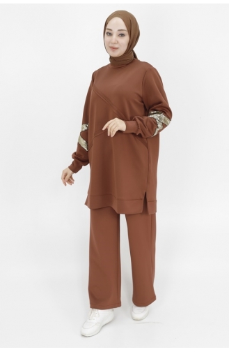 Noktae Scuba Fabric Sequin Detailed Sweatshirt 10367-01 Brown 10367-01