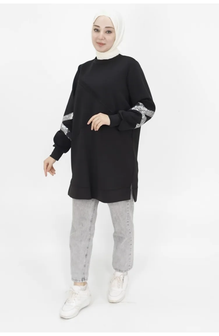 Noktae Sweat Détaillé à Paillettes En Tissu Scuba 10367-03 Noir 10367-03