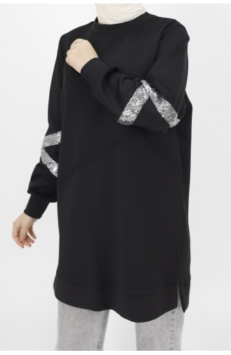 Noktae Scuba Fabric Sequin Detailed Sweatshirt 10367-03 Black 10367-03