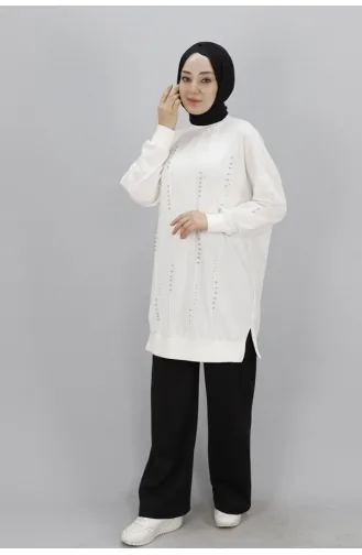 Pointed Stone Detailed 2 Thread Fabric Sweatshirt 10348-01 Ecru 10348-01