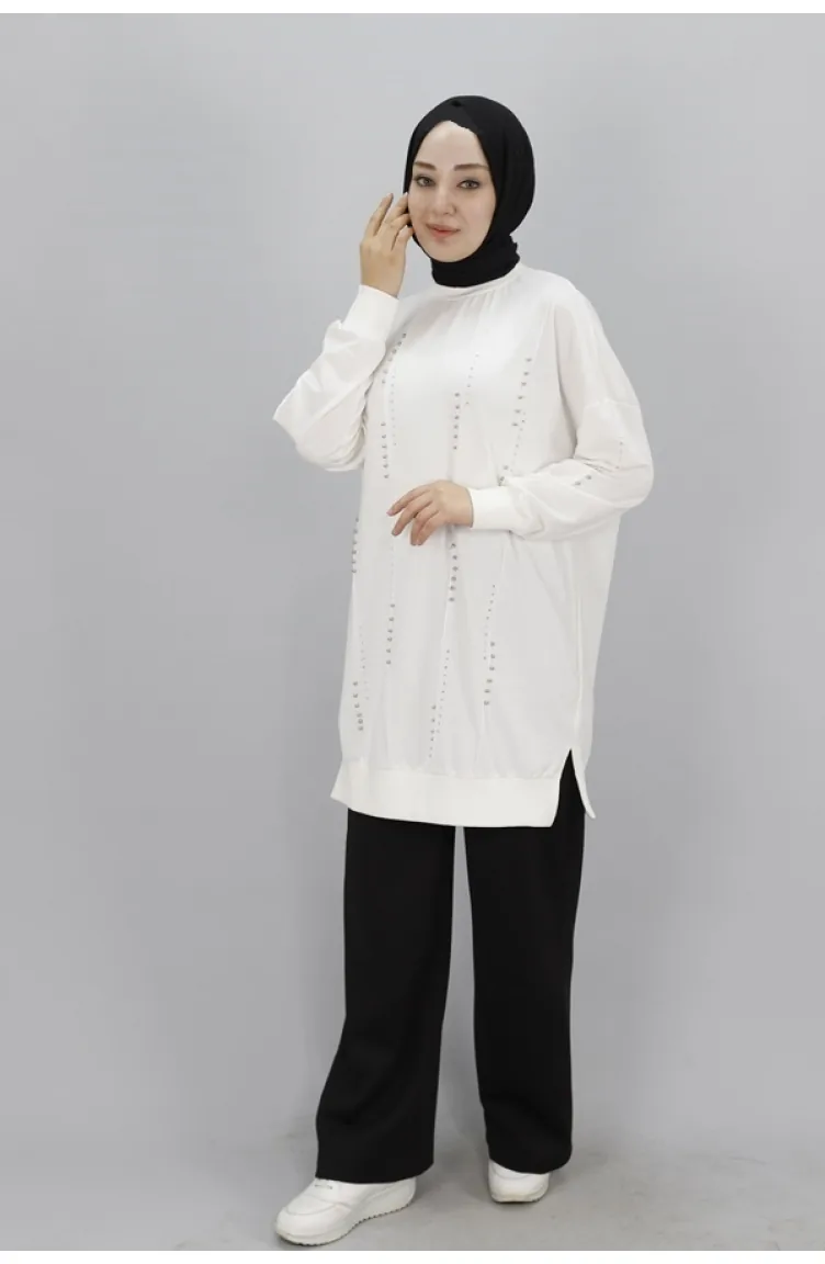 Pointed Stone Detailed 2 Thread Fabric Sweatshirt 10348-01 Ecru 10348-01