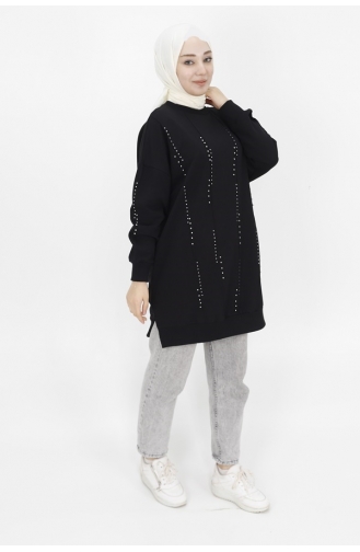 Puane Taş Detayli 2 İp Kumaş Sweatshirt 10348-02 Siyah