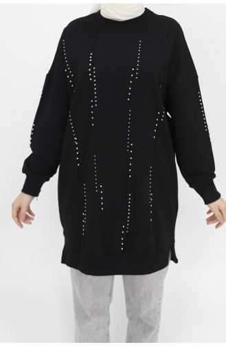 Puane Taş Detayli 2 İp Kumaş Sweatshirt 10348-02 Siyah