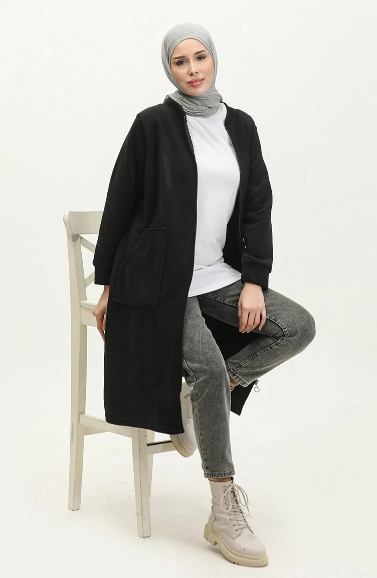 Fleece-Strickjacke mit Reißverschlusstasche 00024-04 Schwarz 00024-04