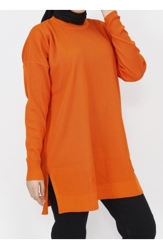 Arma Detaylı Yırtmaçlı Triko Tunik 14816-06 Oranj