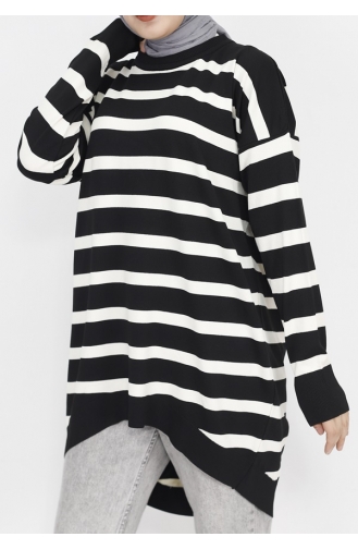Straight Collar Striped Patterned Knitwear Tunic 14854-02 Black 14854-02