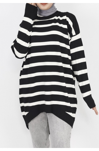 Straight Collar Striped Patterned Knitwear Tunic 14854-02 Black 14854-02