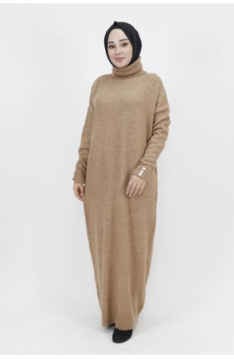 Sleeve Button Detailed Turtleneck Knitwear Dress 7455-02 Beige 7455-02