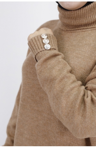 Sleeve Button Detailed Turtleneck Knitwear Dress 7455-02 Beige 7455-02