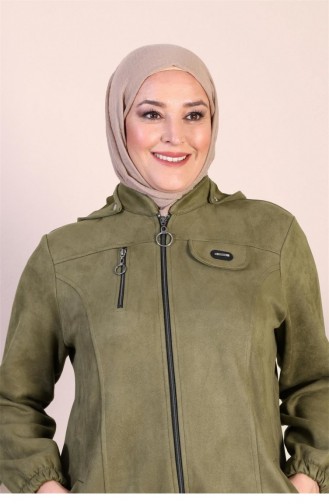 Manteau En Daim Tesettur Pour Femme Grande Taille Avec Fermeture éclair Sur La Poitrine Manteau Court à Capuche En Daim Tesettur Kaki 8903Abaya 934