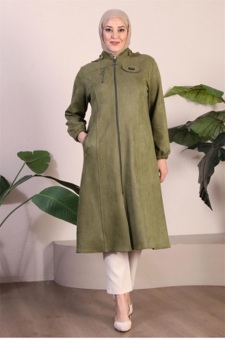 Manteau En Daim Tesettur Pour Femme Grande Taille Avec Fermeture éclair Sur La Poitrine Manteau Court à Capuche En Daim Tesettur Kaki 8903Abaya 934