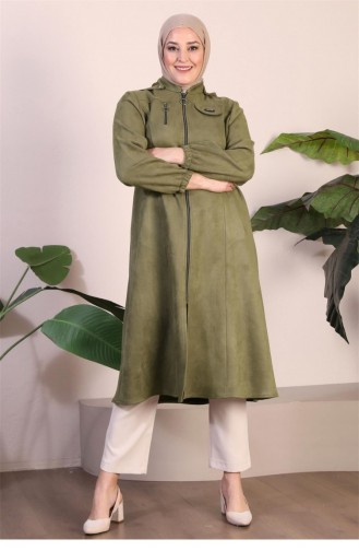 Manteau En Daim Tesettur Pour Femme Grande Taille Avec Fermeture éclair Sur La Poitrine Manteau Court à Capuche En Daim Tesettur Kaki 8903Abaya 934