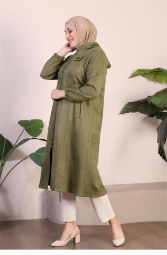 Manteau En Daim Tesettur Pour Femme Grande Taille Avec Fermeture éclair Sur La Poitrine Manteau Court à Capuche En Daim Tesettur Kaki 8903Abaya 934