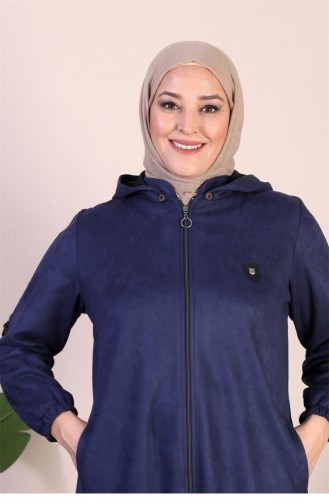 Women`s Large Size Hijab Suede Cape Topcoat Embroidered Hooded Short Knee Length Hijab Topcoat Navy Blue 8861Abaya 944