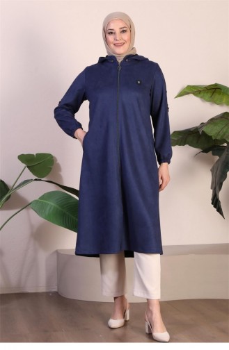 Women`s Large Size Hijab Suede Cape Topcoat Embroidered Hooded Short Knee Length Hijab Topcoat Navy Blue 8861Abaya 944