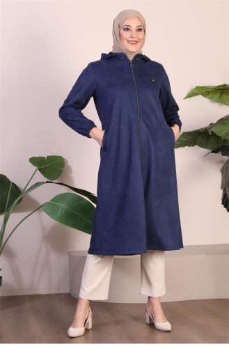 Women`s Large Size Hijab Suede Cape Topcoat Embroidered Hooded Short Knee Length Hijab Topcoat Navy Blue 8861Abaya 944