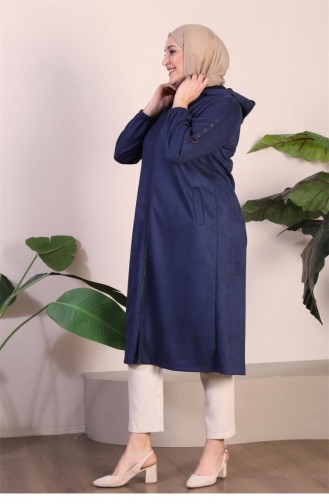 Women`s Large Size Hijab Suede Cape Topcoat Embroidered Hooded Short Knee Length Hijab Topcoat Navy Blue 8861Abaya 944