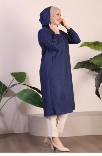 Women`s Large Size Hijab Suede Cape Topcoat Embroidered Hooded Short Knee Length Hijab Topcoat Navy Blue 8861Abaya 944