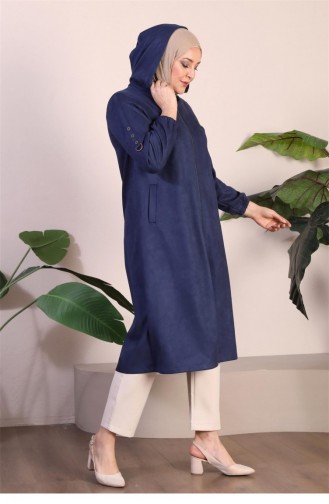 Women`s Large Size Hijab Suede Cape Topcoat Embroidered Hooded Short Knee Length Hijab Topcoat Navy Blue 8861Abaya 944