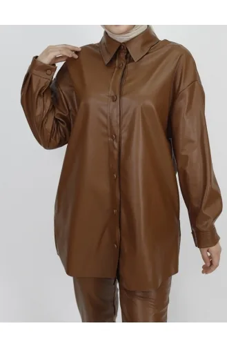 Önü Düğmeli Suni Deri Gömlek 10361-01 Taba