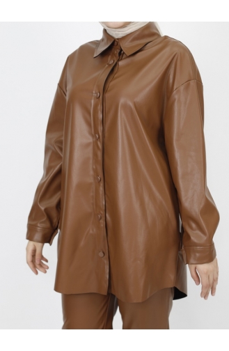 Buttoned Faux Leather Shirt 10361-01 Tan 10361-01