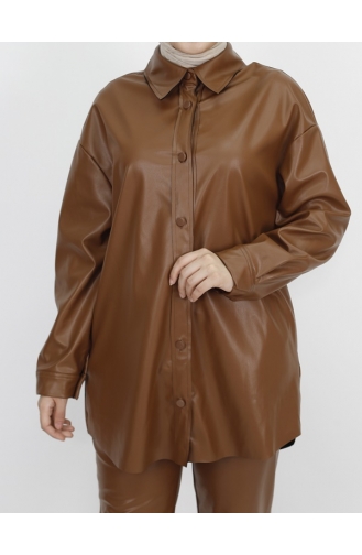 Buttoned Faux Leather Shirt 10361-01 Tan 10361-01