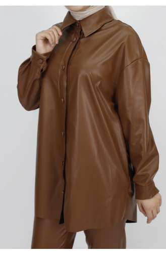 Buttoned Faux Leather Shirt 10361-01 Tan 10361-01