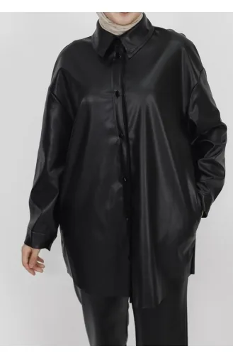 Geknöpftes Kunstlederhemd 10361-04 Schwarz 10361-04