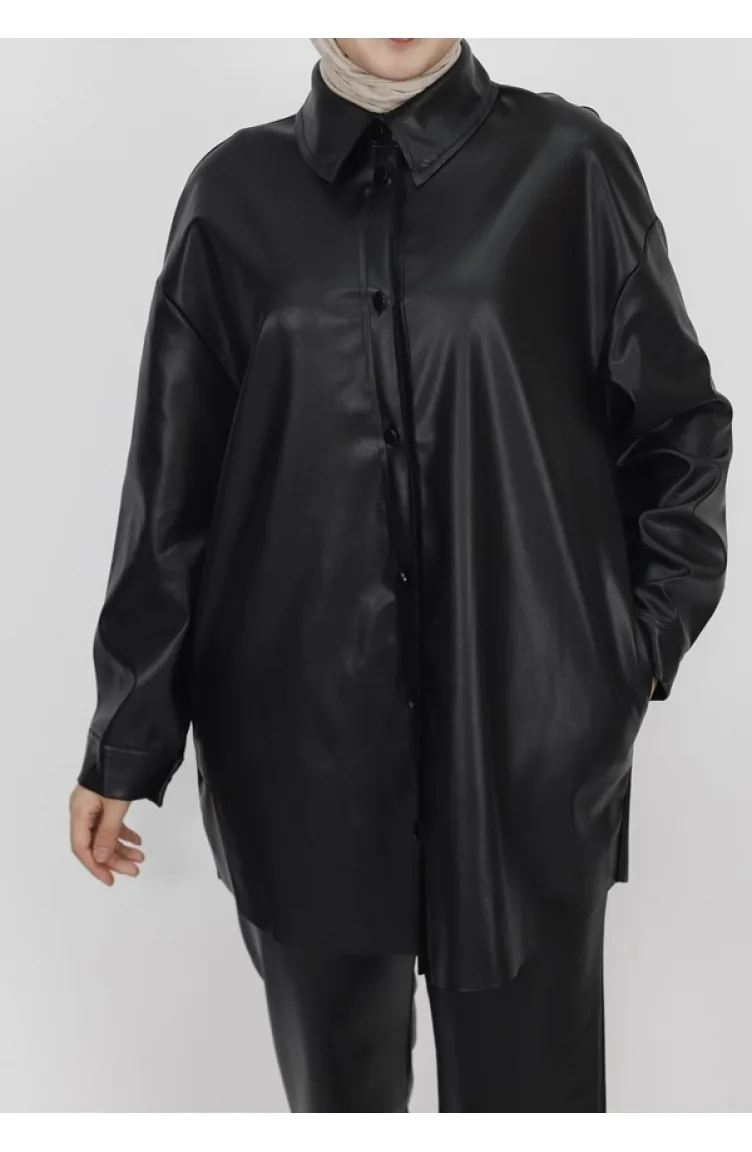 Geknöpftes Kunstlederhemd 10361-04 Schwarz 10361-04