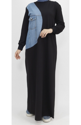 Langes Kleid Aus Denim Mit Garnierung Aus Score 2-Faden-Stoff 12484-01 Schwarz 12484-01