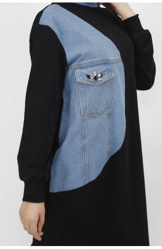 Langes Kleid Aus Denim Mit Garnierung Aus Score 2-Faden-Stoff 12484-01 Schwarz 12484-01