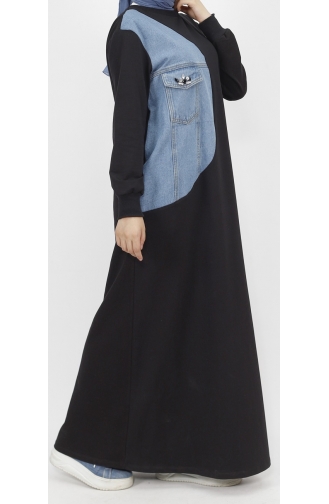 Langes Kleid Aus Denim Mit Garnierung Aus Score 2-Faden-Stoff 12484-01 Schwarz 12484-01