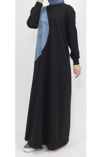 Langes Kleid Aus Denim Mit Garnierung Aus Score 2-Faden-Stoff 12484-01 Schwarz 12484-01