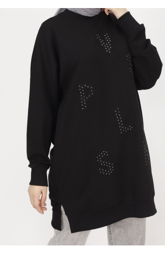 Puane 2 İp Kumaş Taş Baskılı Sweatshirt 10347-01 Siyah