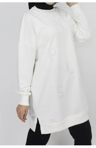 Puane 2 İp Kumaş Taş Baskılı Sweatshirt 10347-03 Ekru