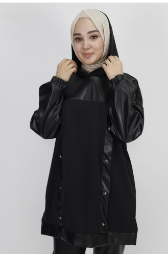Noktae Scuba Fabric Leather Garnished And Stone Sweatshirt 10365-02 Black 10365-02