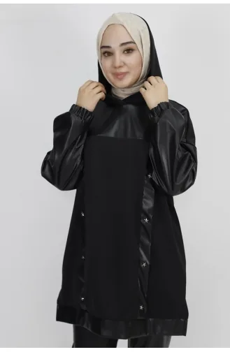 Noktae Scuba Stoff Leder Garniert Und Stein Sweatshirt 10365-02 Schwarz 10365-02