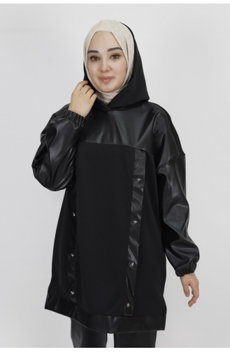Noktae Scuba Fabric Leather Garnished And Stone Sweatshirt 10365-02 Black 10365-02