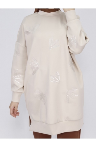 Puane Scuba Kumaş Pul Ve Nakış Detaylı Sweatshirt 10345-03 Taş